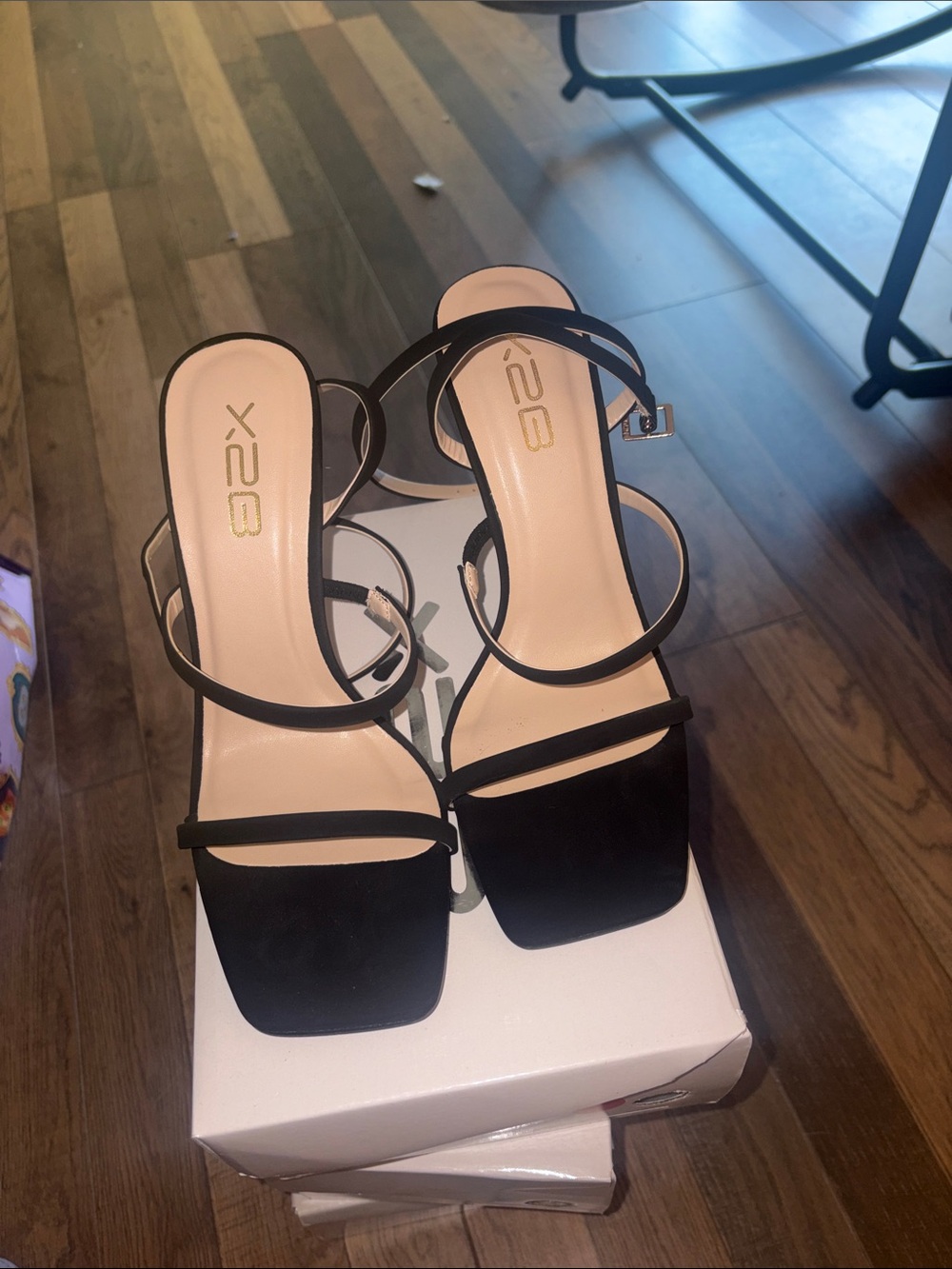 X2 Black Strappy Square-Toe Heeled Sandals